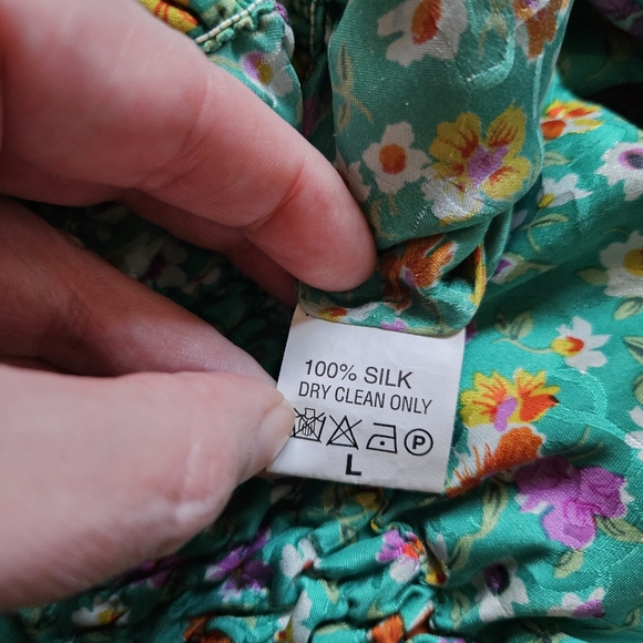 Mayeelok 100% Silk blouse shirts green floral flower size large 3/4 puffy elasti - Picture 8 of 12